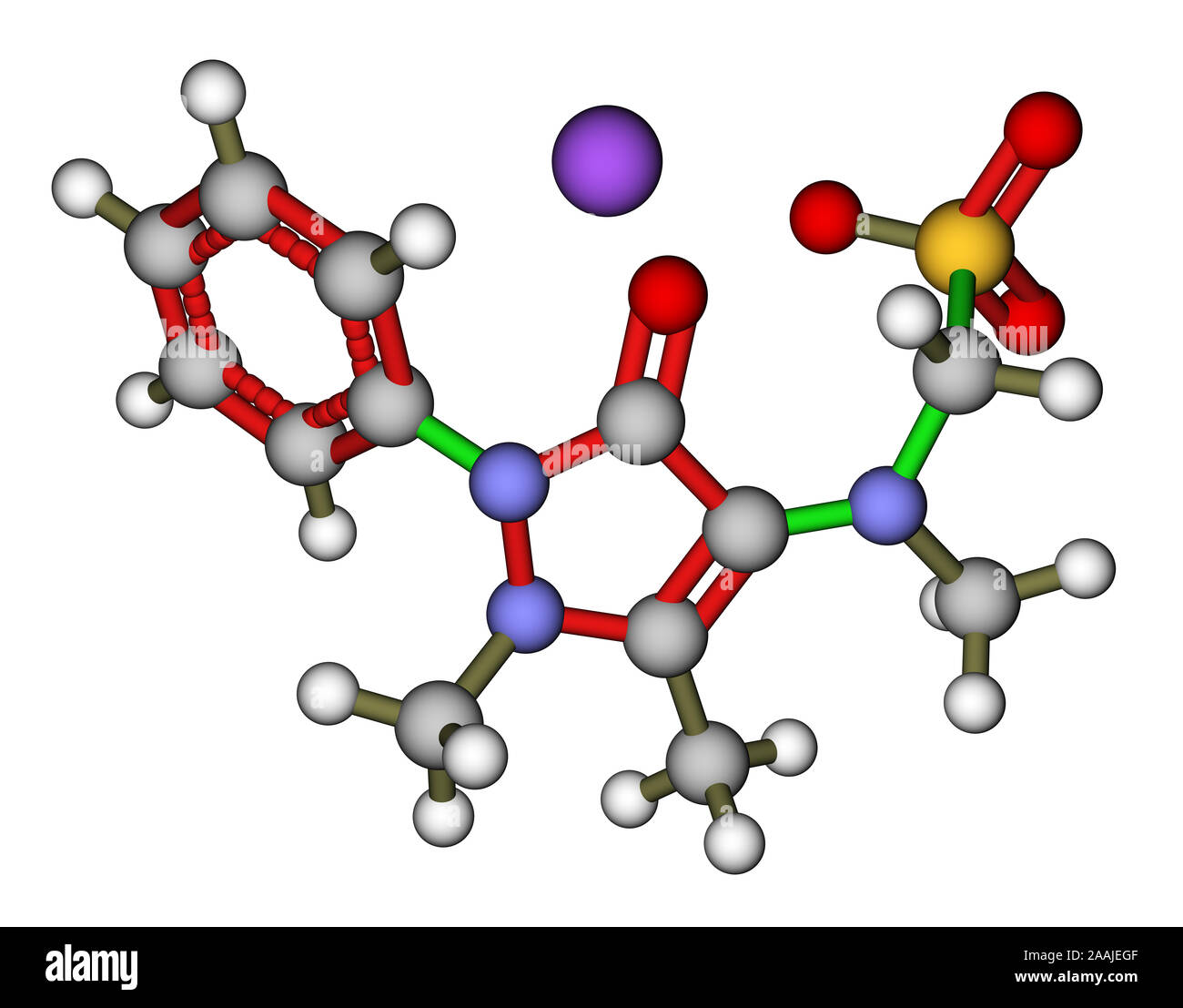 Metamizol, eine analgetische und antipyretische Droge. 3D-Struktur Stockfoto