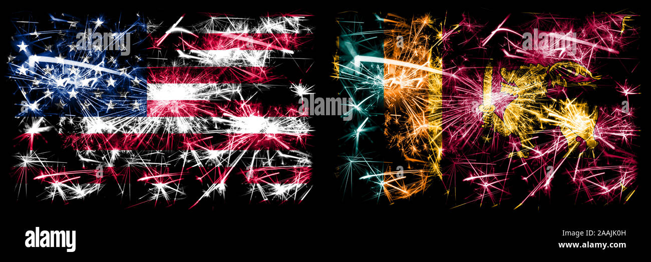 Vereinigte Staaten von Amerika, USA vs Sri Lanka, Sri Lanka neues Jahr Feier funkelnden Feuerwerk flags Konzept Hintergrund. Kombination von zwei abstrakten Stockfoto