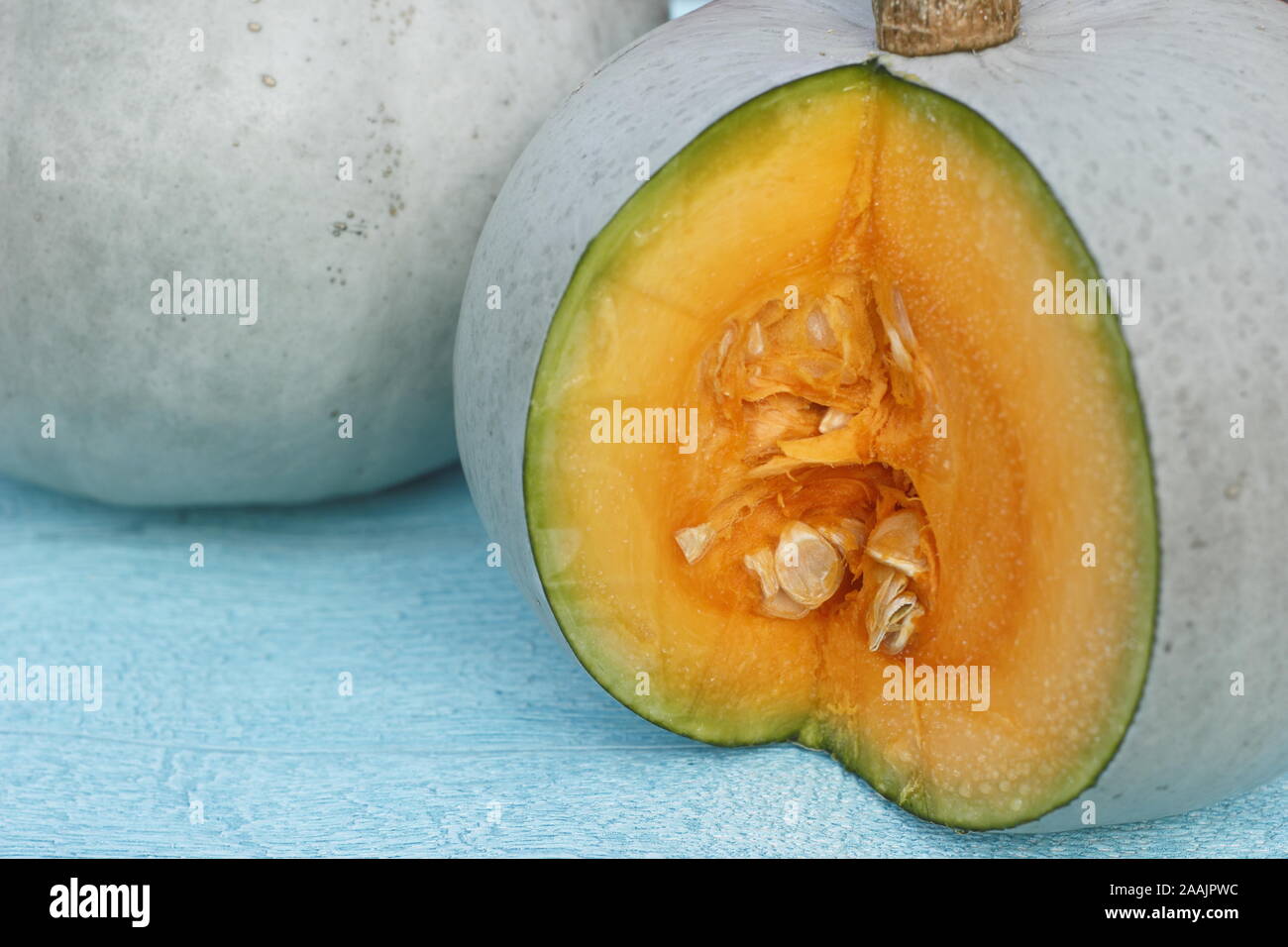 Cucurbita maxima "Kronprinz". Frisch geerntete, blau gehäutet Crown Prince Squash, in Scheiben geschnittene lebendige Fleisch zu offenbaren. Stockfoto