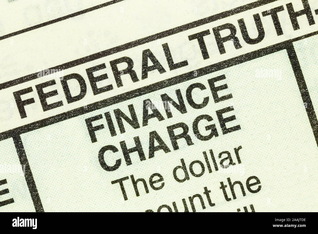 Nahaufnahme makro Ansicht der Finanzrate Detail im Standard federal Wahrheit in der Kreditvergabe auf ein Automobil kaufen. Stockfoto