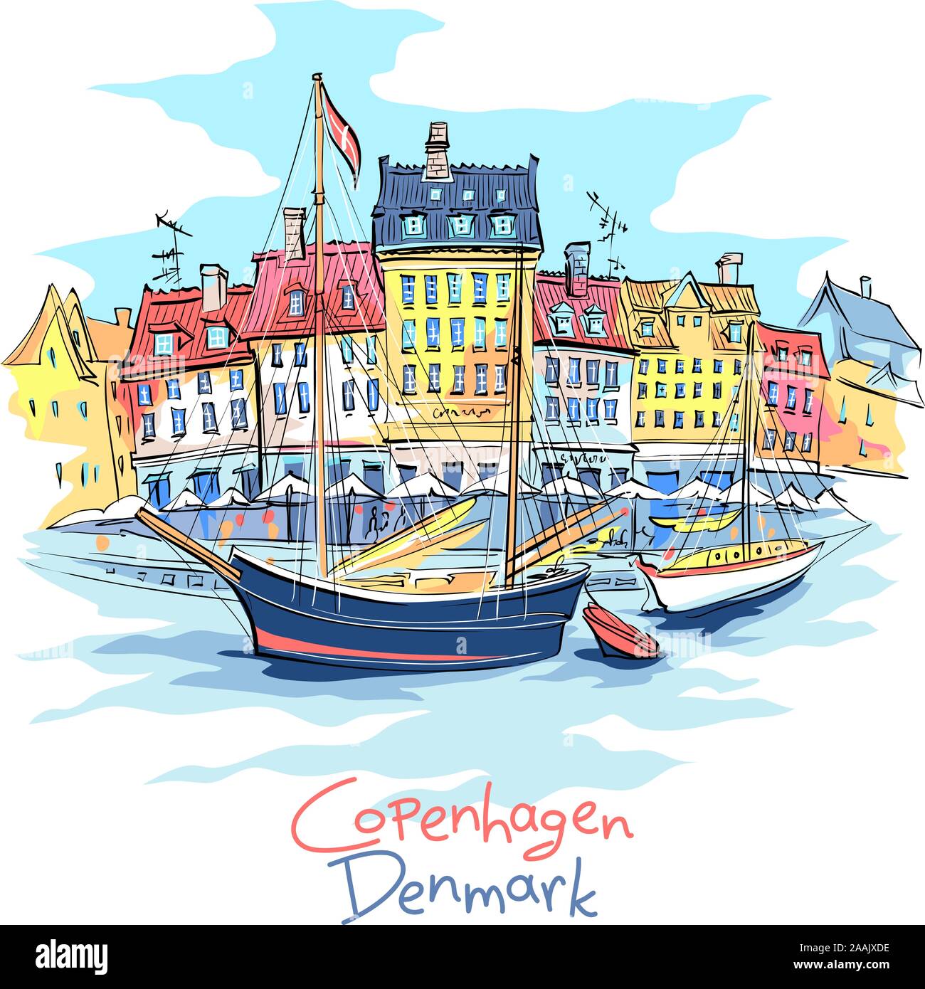 Vektor Skizze von Nyhavn mit bunten Fassaden der alten Häuser und alte Schiffe in der Altstadt von Kopenhagen, der Hauptstadt von Dänemark. Stock Vektor
