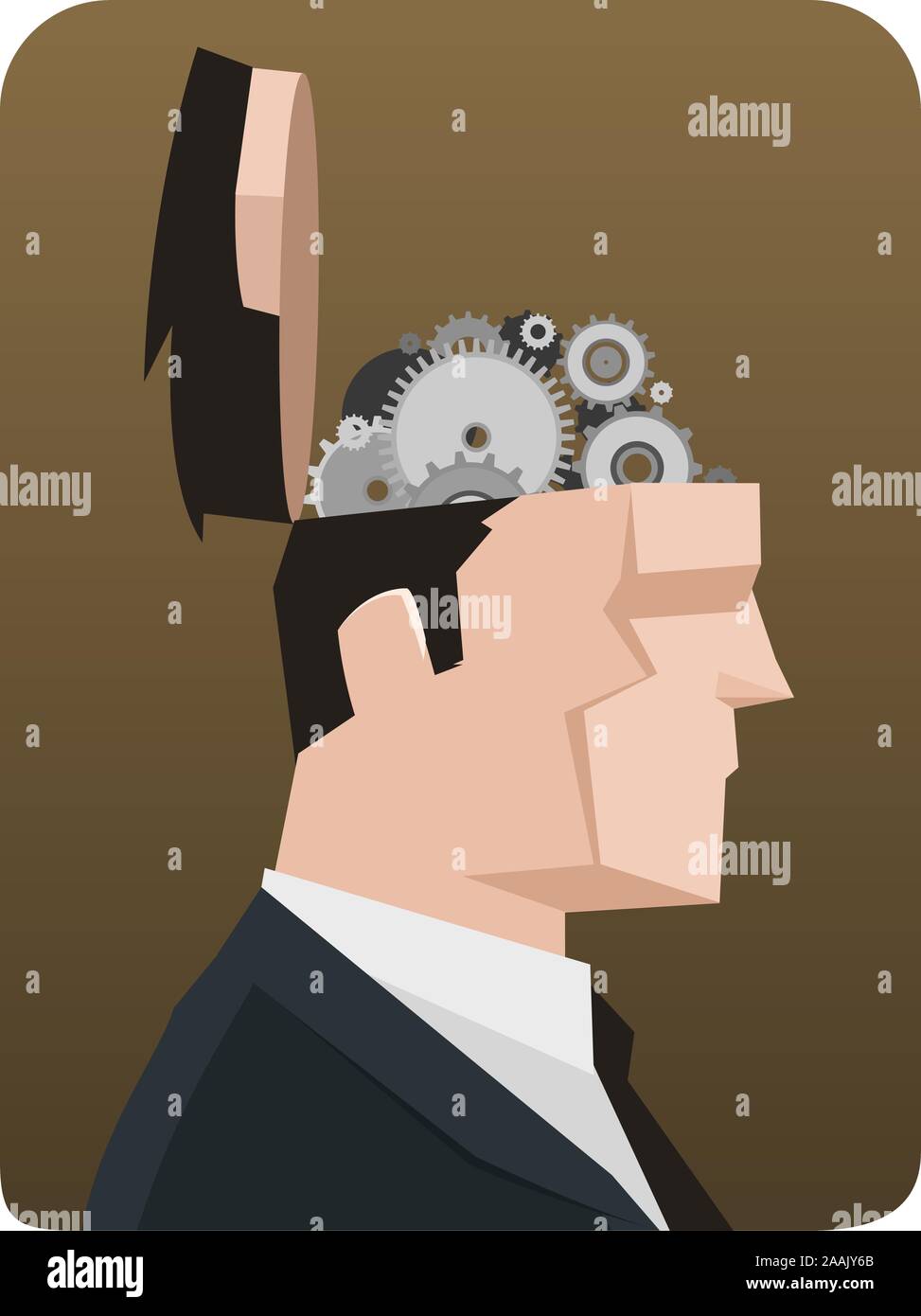 Geschäftsmann Gedanken denken Kupplungsmechanismus. Vector Illustration Cartoon, mit geöffnetem Geschäftsmann Kopf, Mechanismus System. Stock Vektor