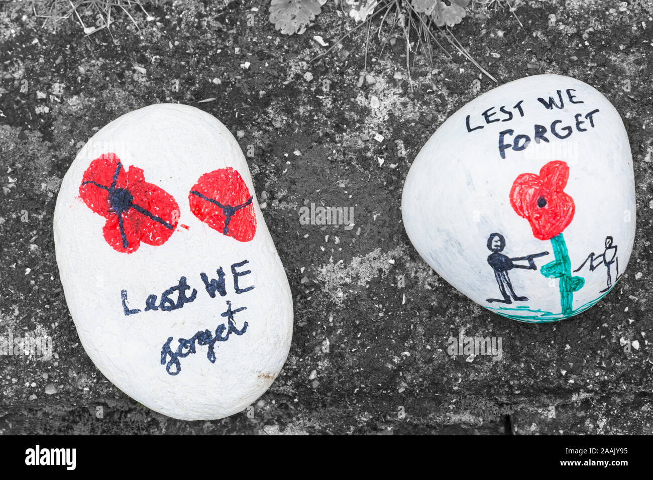 Steine Steine für den Tag der Erinnerung in einer Reihe, die bis zu den Eingang von Christchurch Priory, Dorset Großbritannien im November IN EINE REIHE gelegt lackiert Stockfoto