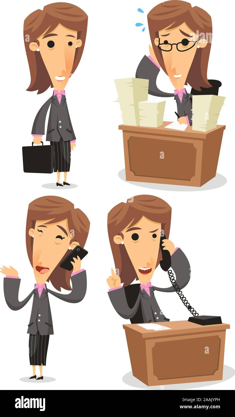 Business Woman in Eleganz Anzug im Büro Situationen, mit Losen Papiere, Telefon, Mobiltelefon, eine Aktentasche. Vector Illustration carto Stock Vektor