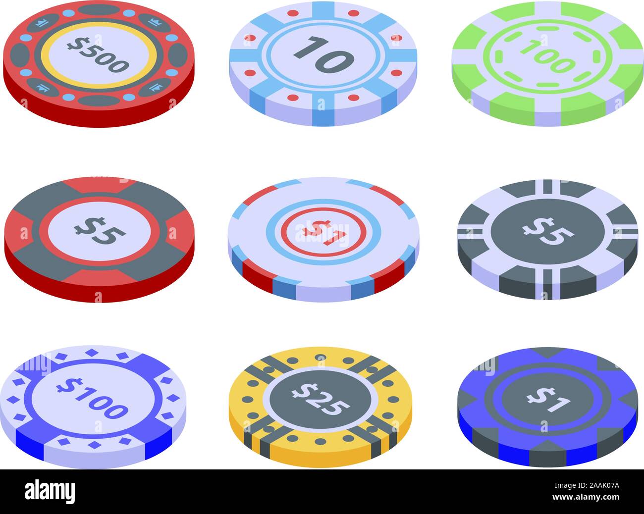 Casino chips Symbole gesetzt, isometrische Stil Stock Vektor