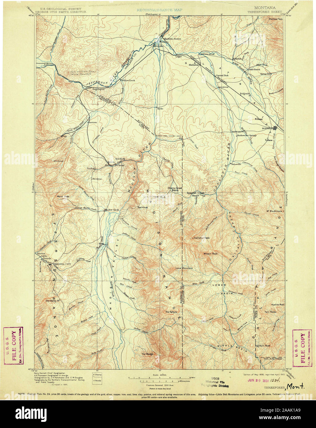 USGS TOPO Karte Montana MT drei Gabeln 268810 1895 250000 geo Wiederherstellung Stockfoto