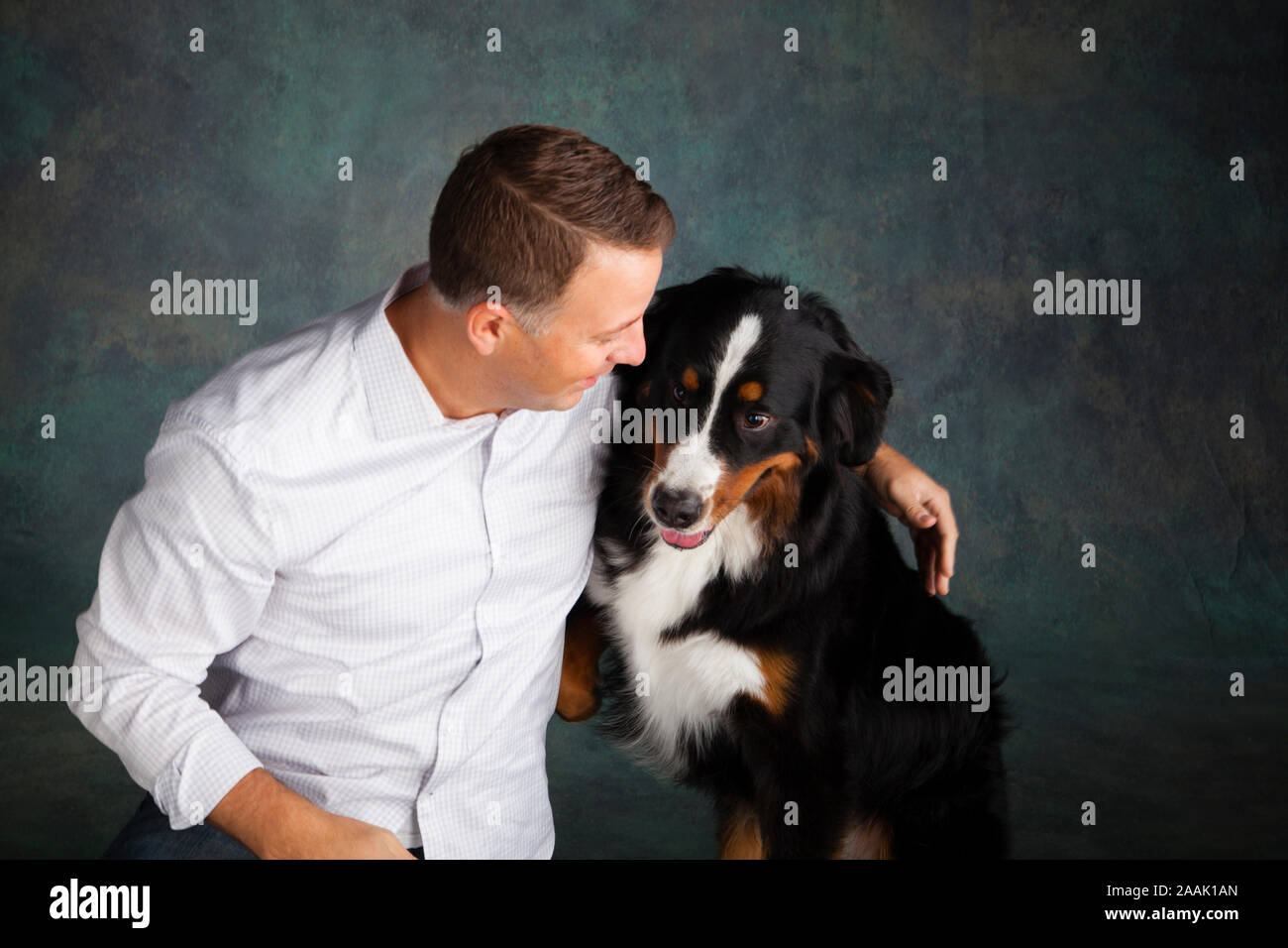 Porträt eines Mannes mit Berner Sennenhund Stockfoto
