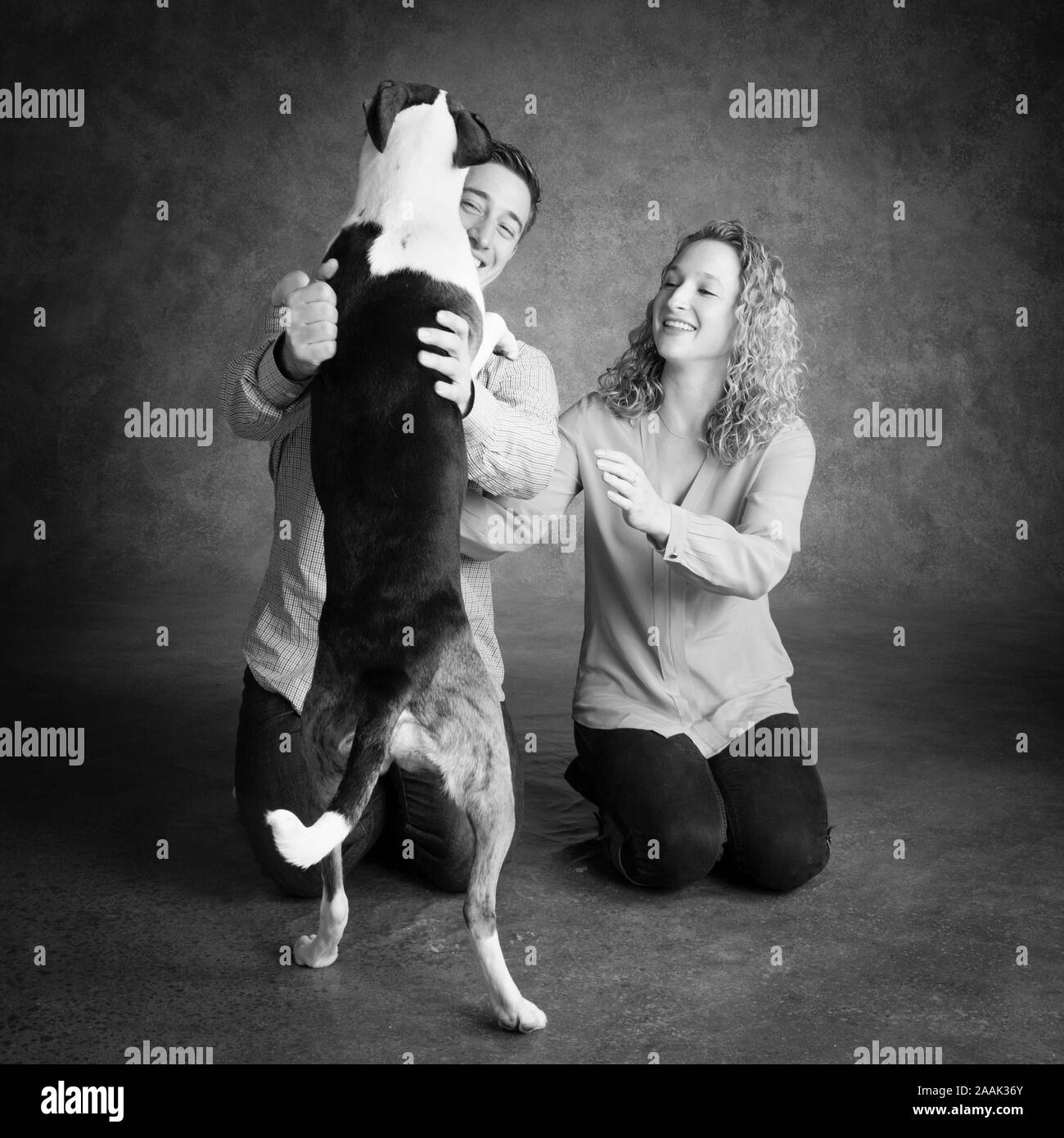 Studio geschossen von Paar mit gemischten Rasse Hund Stockfoto