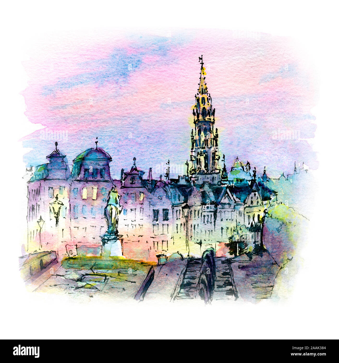 Aquarell Skizze von Brussels City Hall und Mont des Arts Bereich bei Sonnenuntergang in Brüssel, Belgien Stockfoto