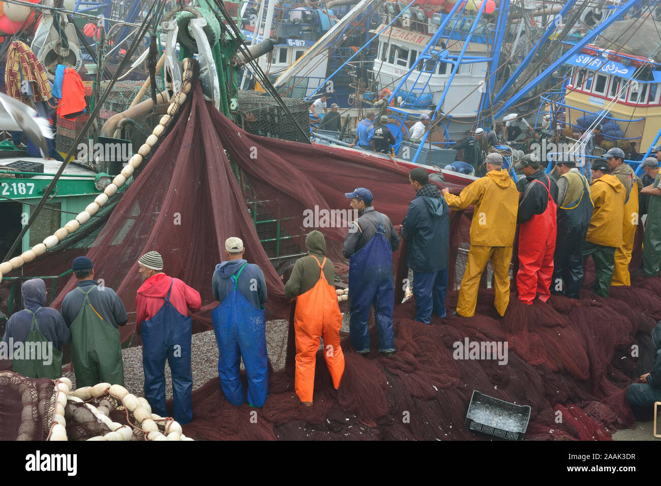 Den geschäftigen Hafen von Essaouira, die dritte Bedeutung in Marokko. Stockfoto