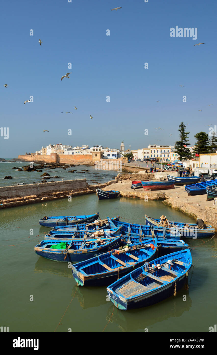 Traditionelle Fischerboote in den belebten Hafen von Essaouira, die dritte Bedeutung in Marokko. Stockfoto