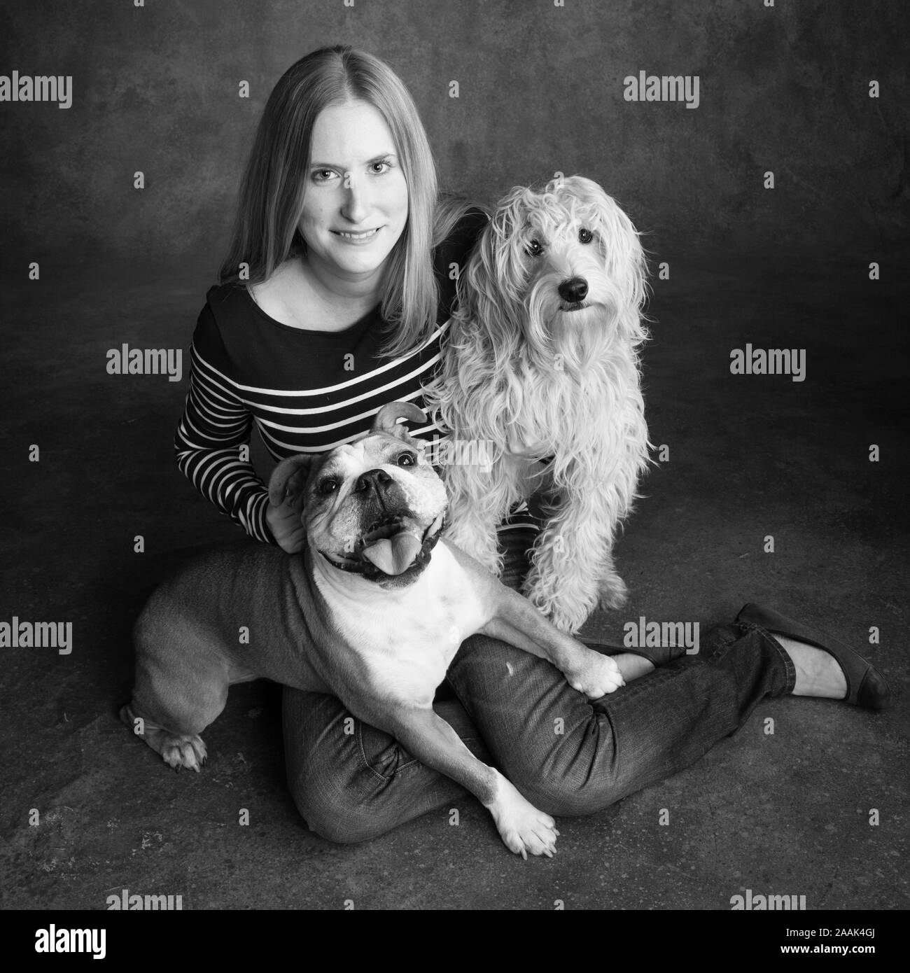 Studio portrait von frau mit Englisch Bulldogge und Mini Golden Doodle Stockfoto