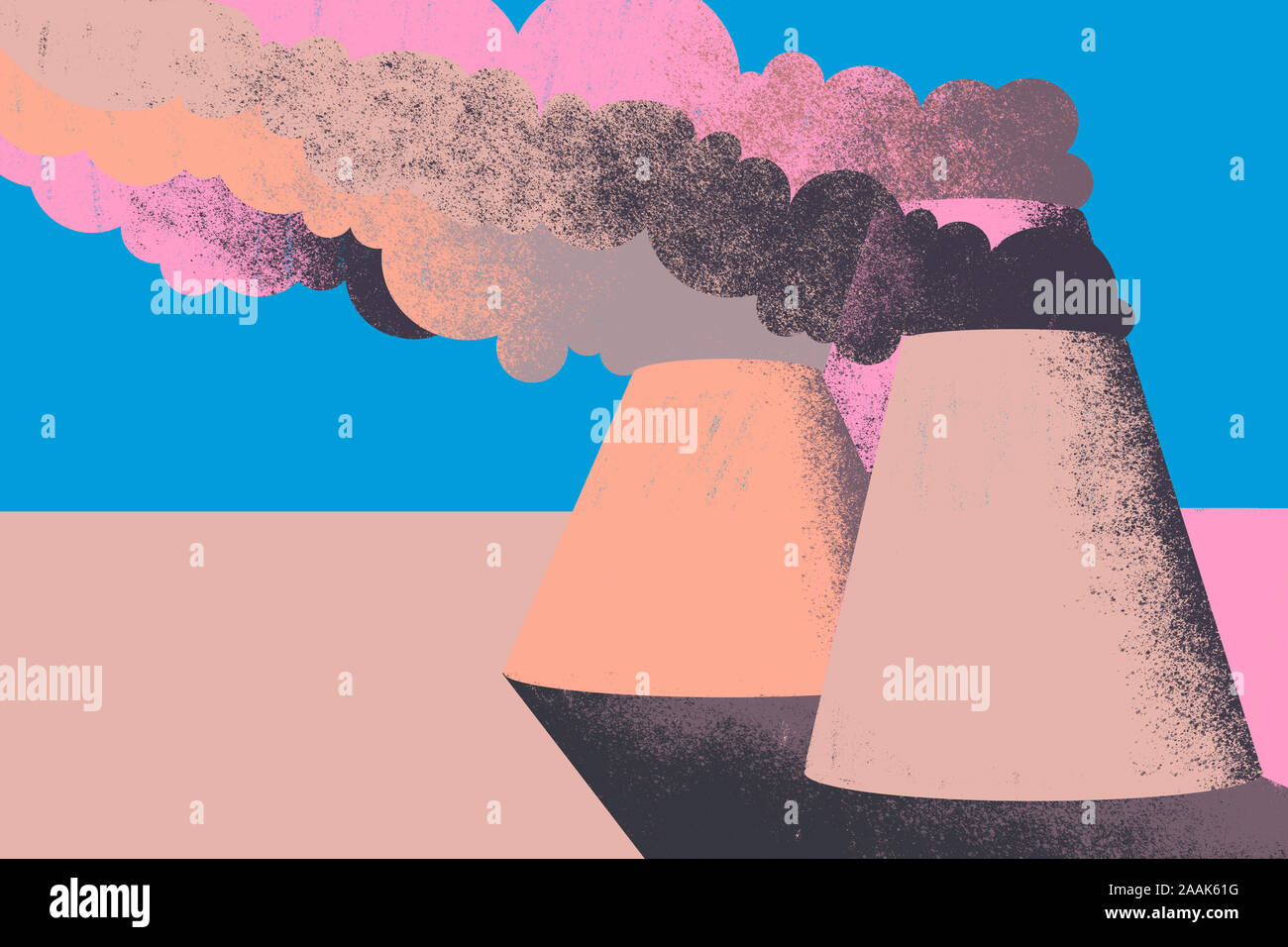 Die Klimakrise. Grosse Luftverschmutzung Türme vertreiben Rauch und Verschmutzung. Bunte Illustrationen. Stockfoto