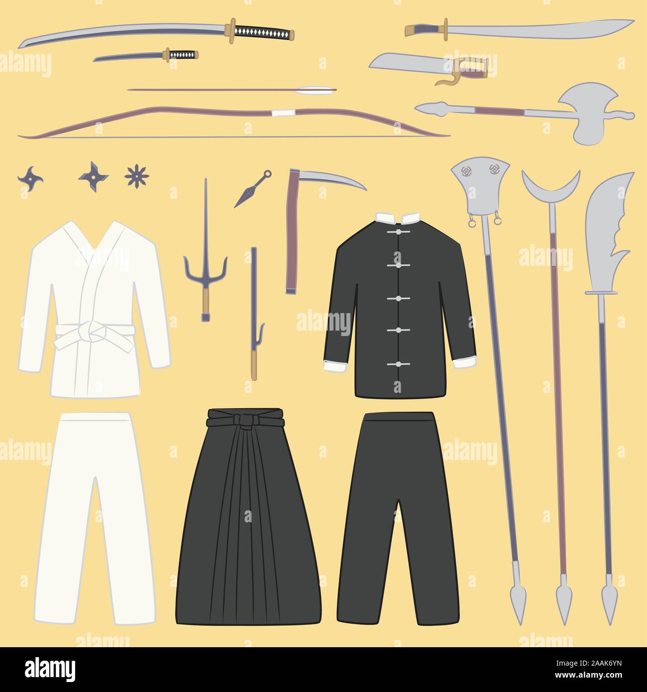 Kampfkunst Ausrüstung und Waffen cartoon Abbildungen Stock Vektor