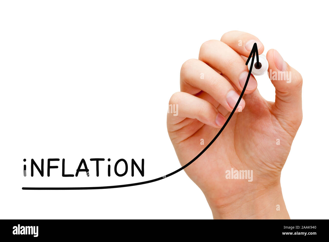 Handzeichnung steigenden Inflationsrate graph Konzept mit schwarzem Marker auf Transparenten abwischen Board auf weißem Hintergrund. Stockfoto