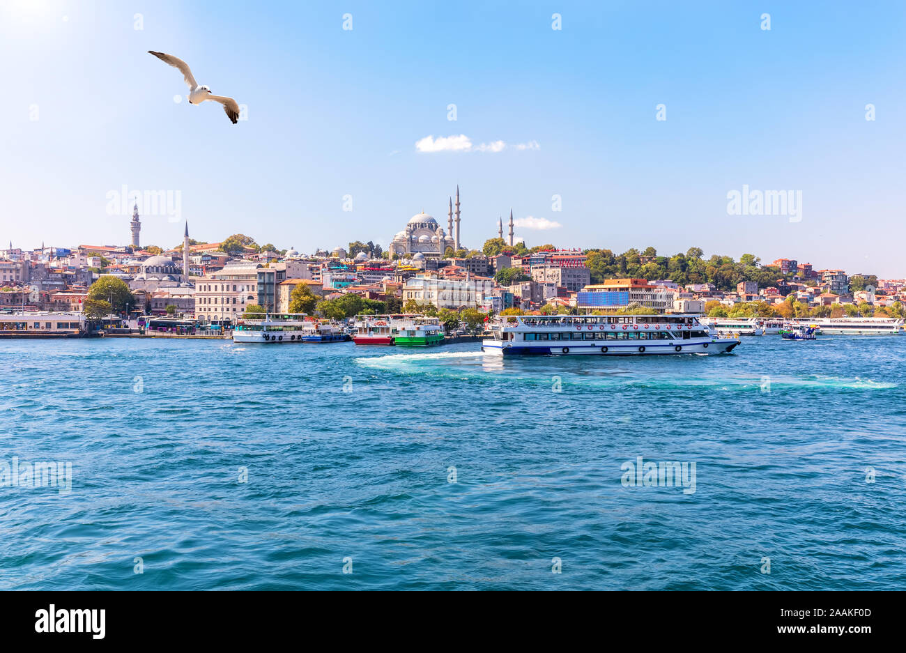 Eminonu Pier, die Suleymaniye Moschee und den Bosporus, Istanbul anzeigen Stockfoto
