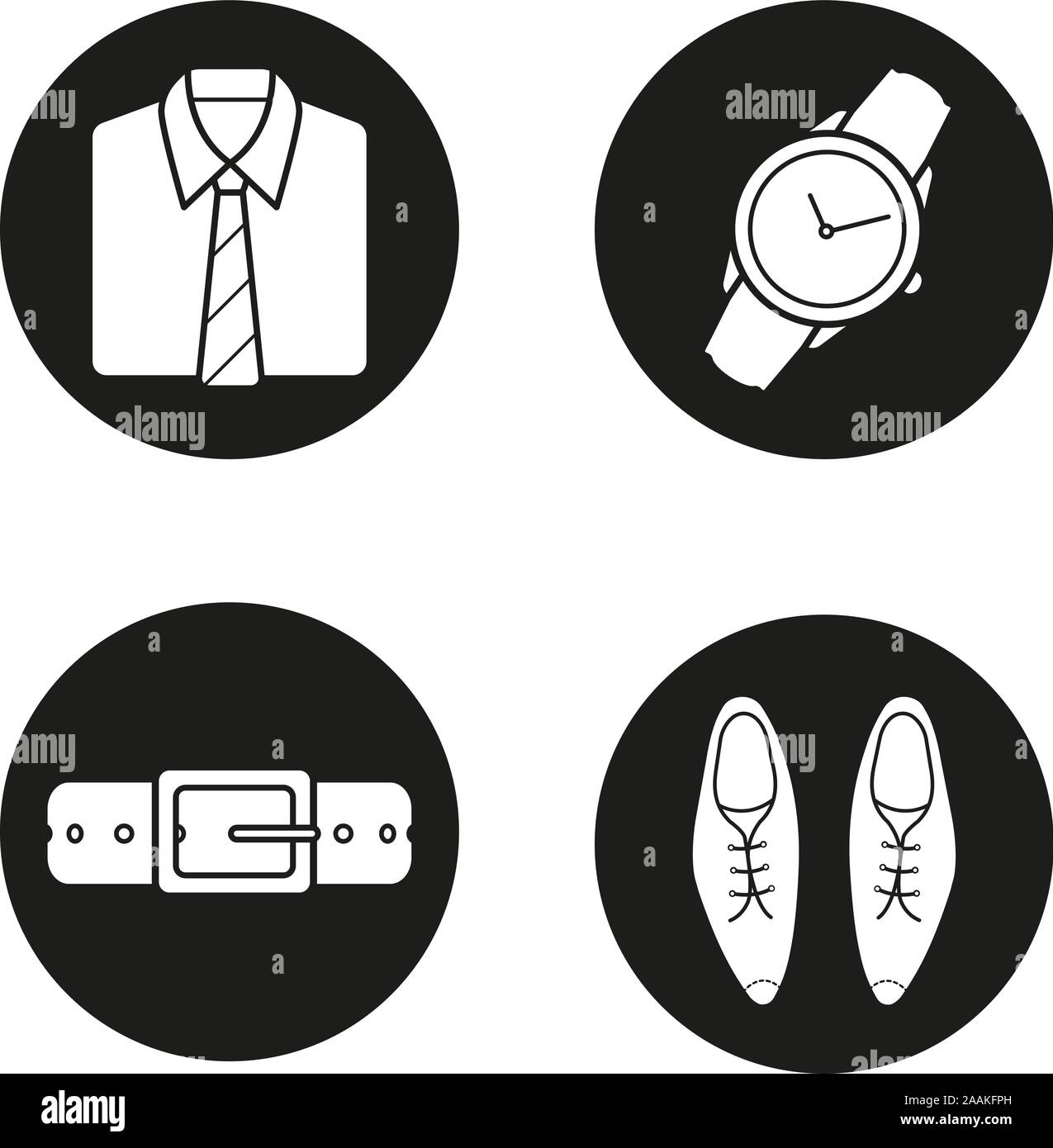 Herren Zubehör Symbole gesetzt. Hemd und Krawatte, Armbanduhr, Ledergürtel und klassische Schuhe. Vektor weisse Silhouetten Abbildungen in schwarzen Kreisen Stock Vektor