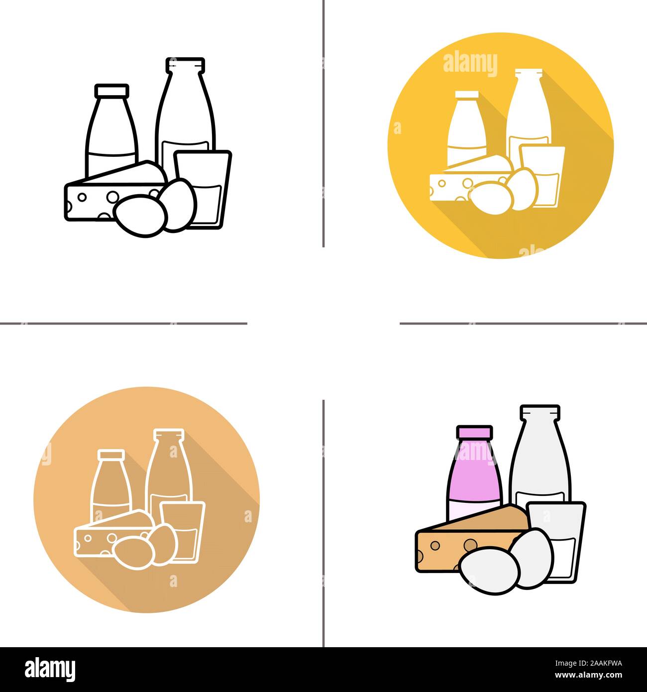 Milchprodukte Symbol. Flache Bauweise, lineare und Farbe Stile. Flasche und Glas Milch, Käse und Eier. Milcherzeugnisse isoliert Vektorgrafiken Stock Vektor