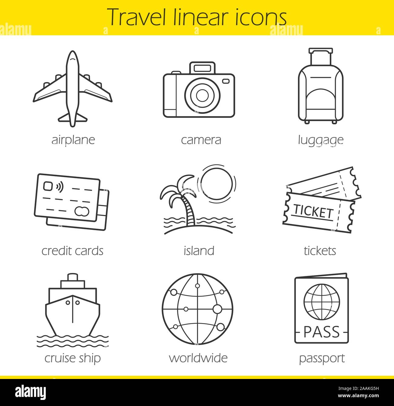 Reisen lineare Symbole gesetzt. Flugzeug, Kamera, Gepäck, Kreditkarten, Insel, Tickets, Kreuzfahrten, weltweit und Reisepass Symbole. Dünne Linie. Isolieren Stock Vektor