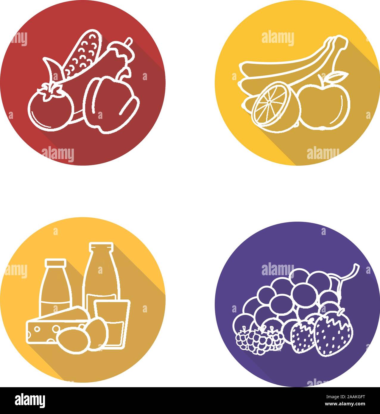 Lebensmittelgeschäft Produkte Flachbild lineare lange Schatten Symbole gesetzt. Gemüse, Früchte, Beeren und Milchprodukten. Vektor linie Symbole Stock Vektor