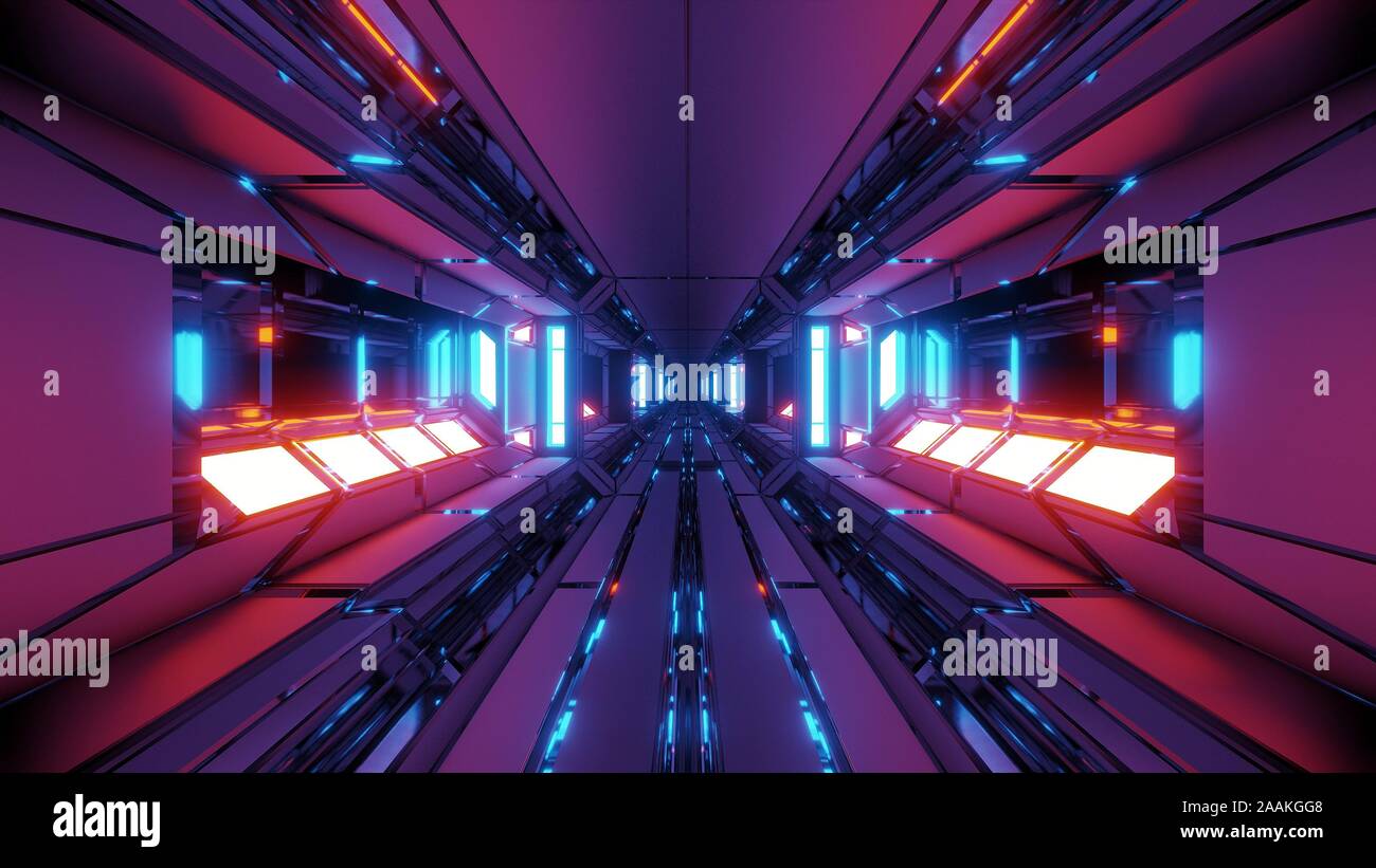 Futuristische si-fi space Hangar tunnel Korridor mit heiß glühenden Lichter 3D-Illustration Hintergrund Stockfoto