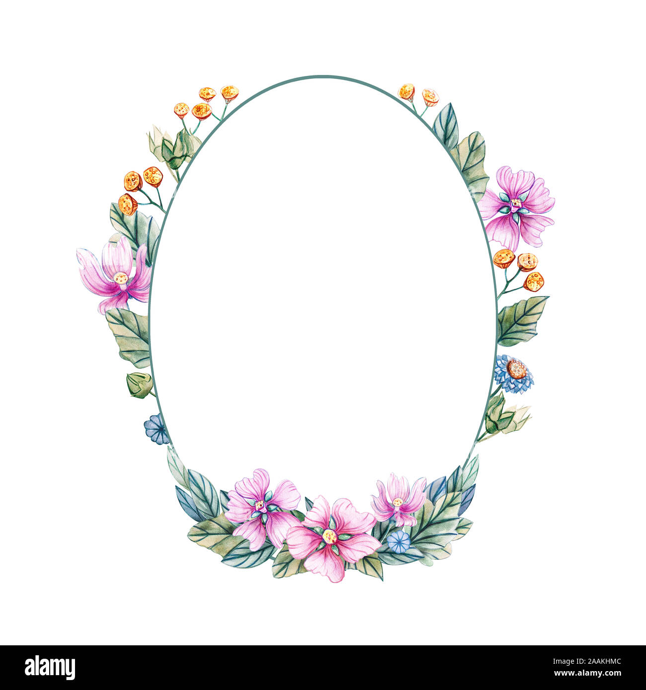 Aquarell Abbildung mit ovaler Rahmen von Wildblumen für eine Hochzeit. Floral Karte mit rosa Blüten, Blätter und Knospen der Malve. Herbst, Sommer und spr Stockfoto