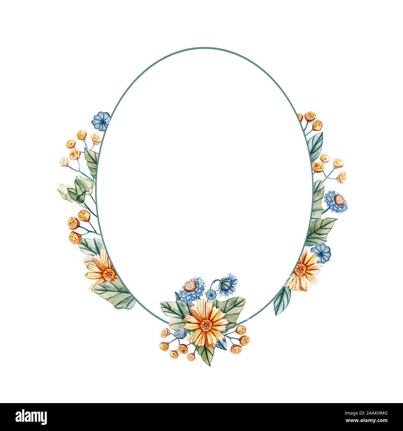 Floral frame in der Form einer Ellipse. Aquarell Wildblumen. Es ist ein Platz für Text. Blumen auf einem weißen Hintergrund. Vorlage für Hochzeit invita Stockfoto