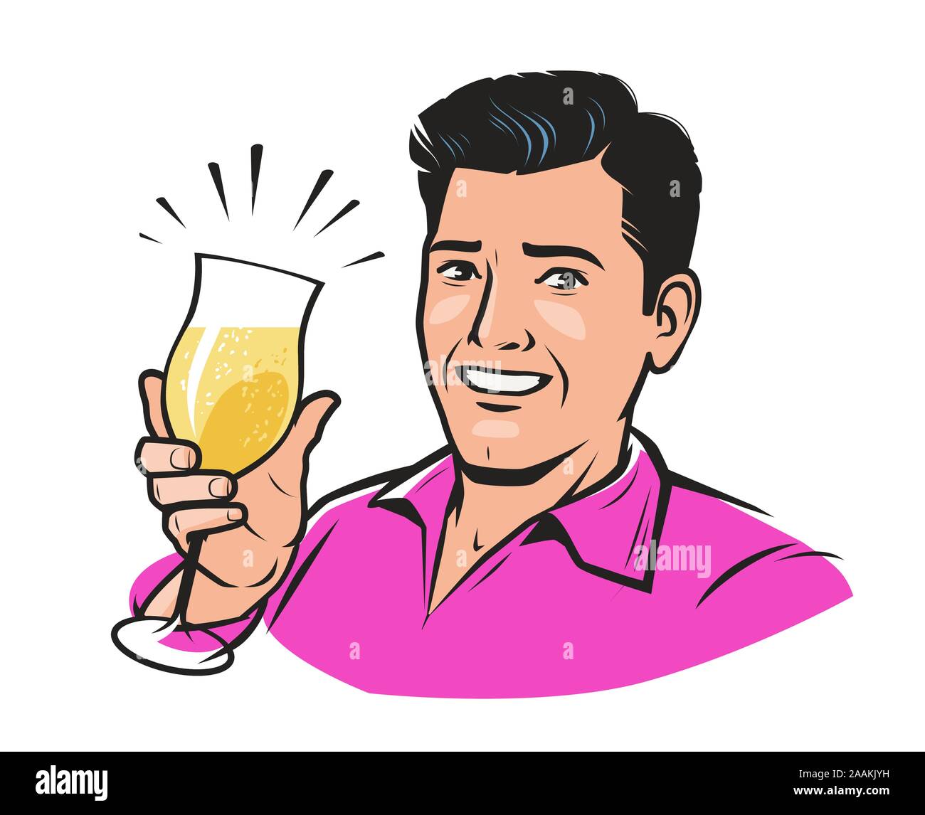 Schöner junger Mann mit einem Glas Champagner. Vektor Pop Art Retro Comic-Stil Stock Vektor