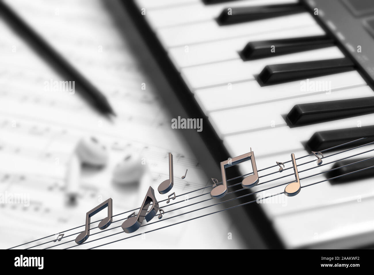 Kopfhörer auf musikalische Synthesizer Keyboard. Kopfhörer auf elektronischen Klavier. Musikalischer Hintergrund Stockfoto