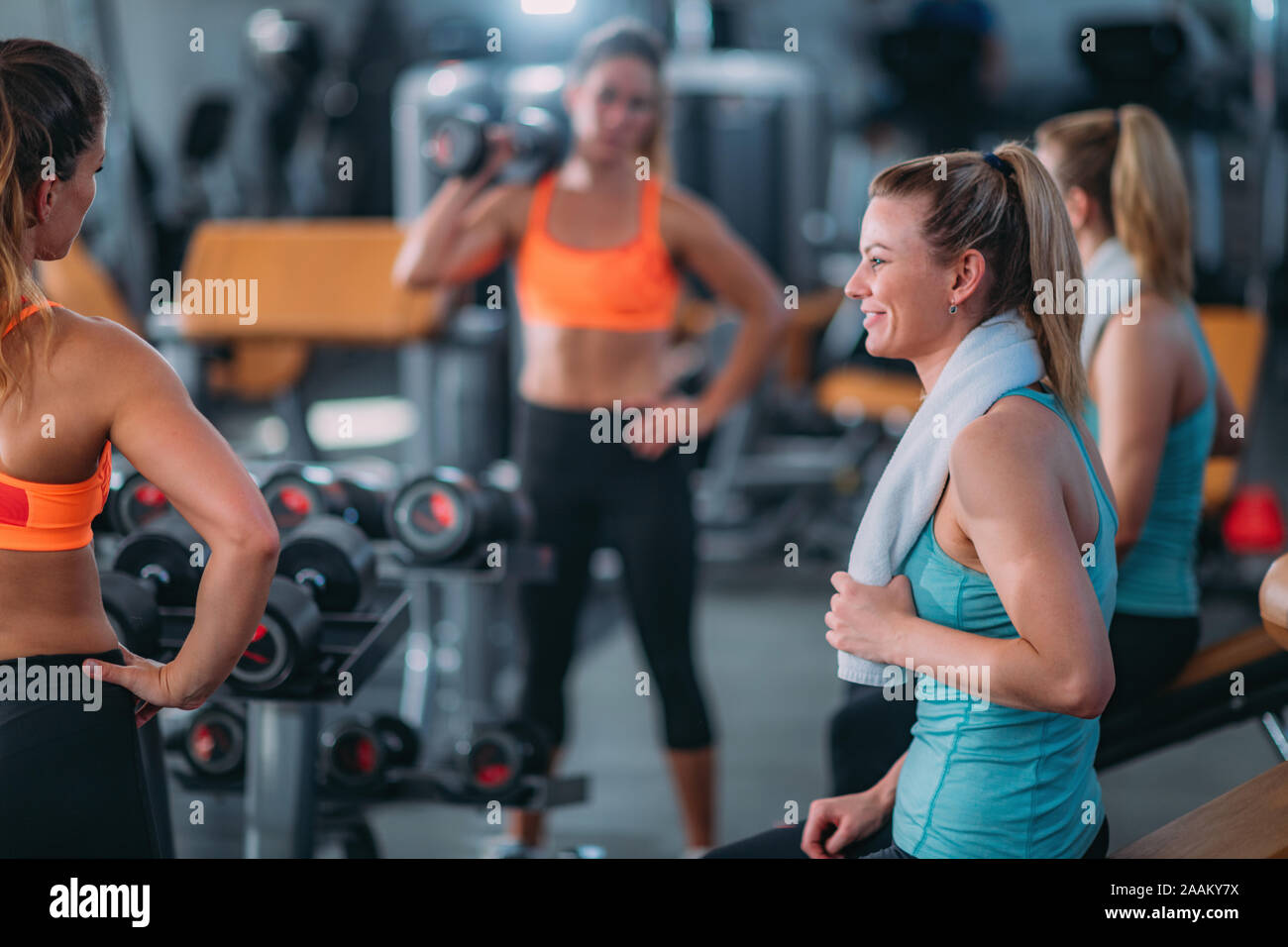 Weibliche Freunde Trainieren mit Gewichten im modernen Fitnessraum. Stockfoto