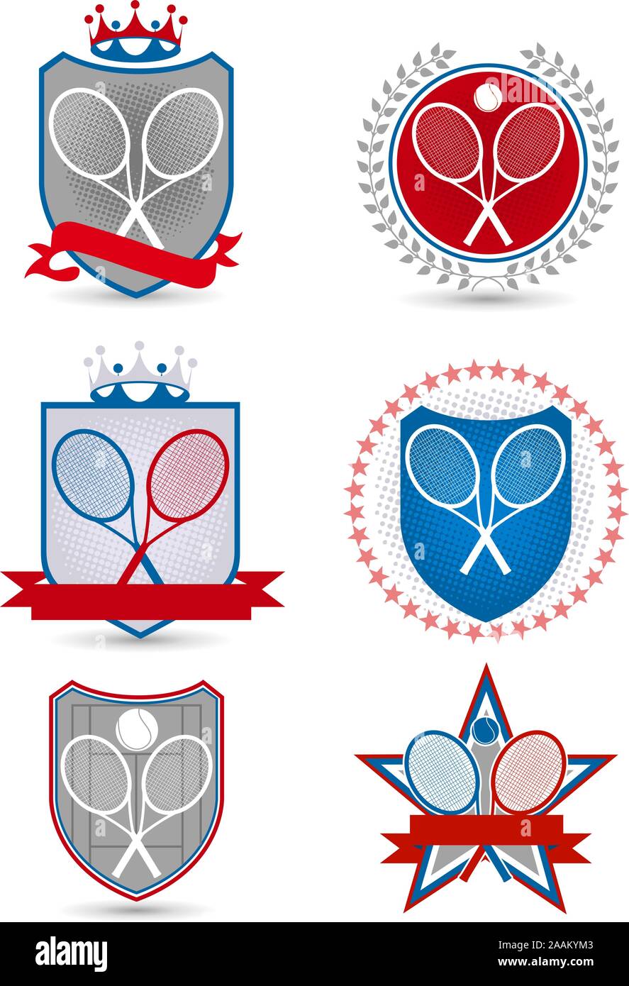 Amerikanische Tennis Emblem mit Banner Kronen Sterne Bälle Schläger Vector Illustration. Stock Vektor