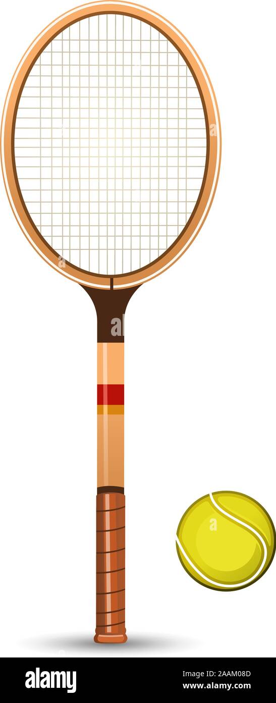 Retro Tennisschläger mit gelben Kugel Vector Illustration. Stock Vektor