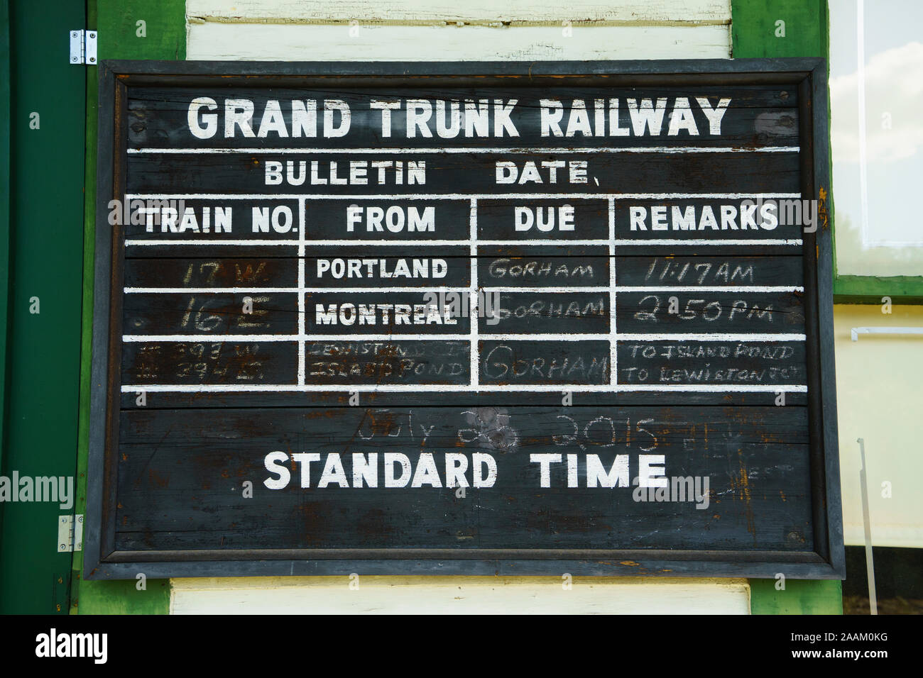 Antike Tafel Stil Grand Trunk nationalen Eisenbahn Zug Fahrplan. Stockfoto