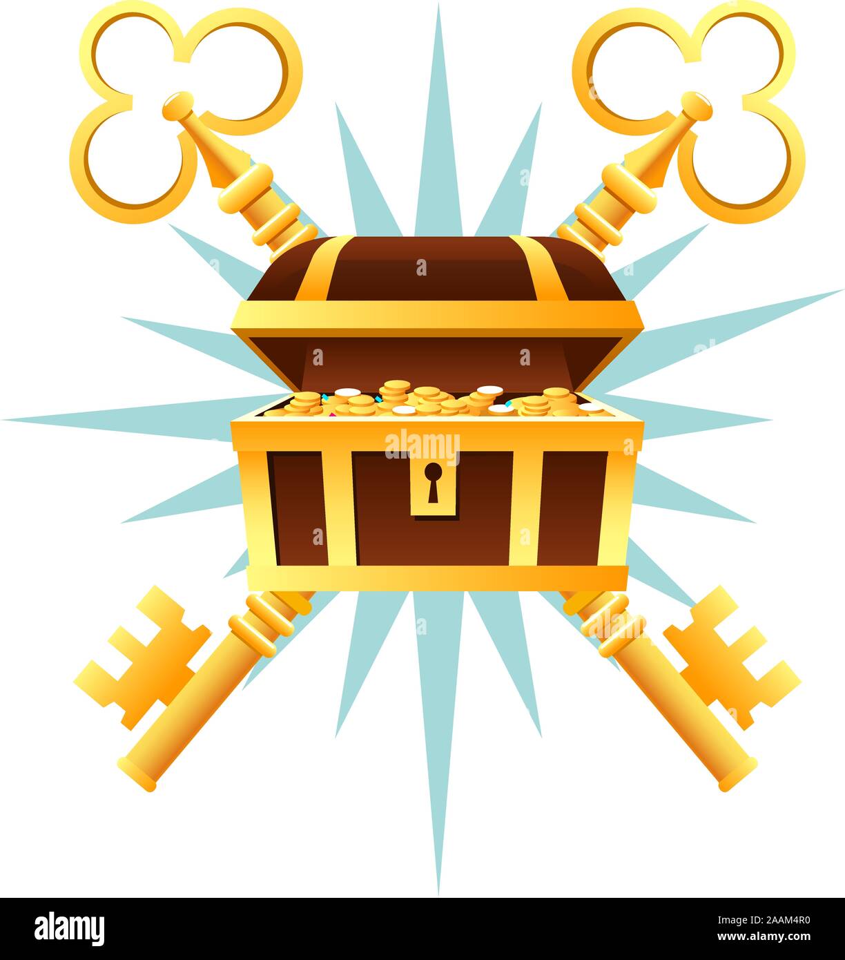 Schatztruhe Sarg mit goldenen Münzen und Schlüssel Vector Illustration Cartoon. Stock Vektor