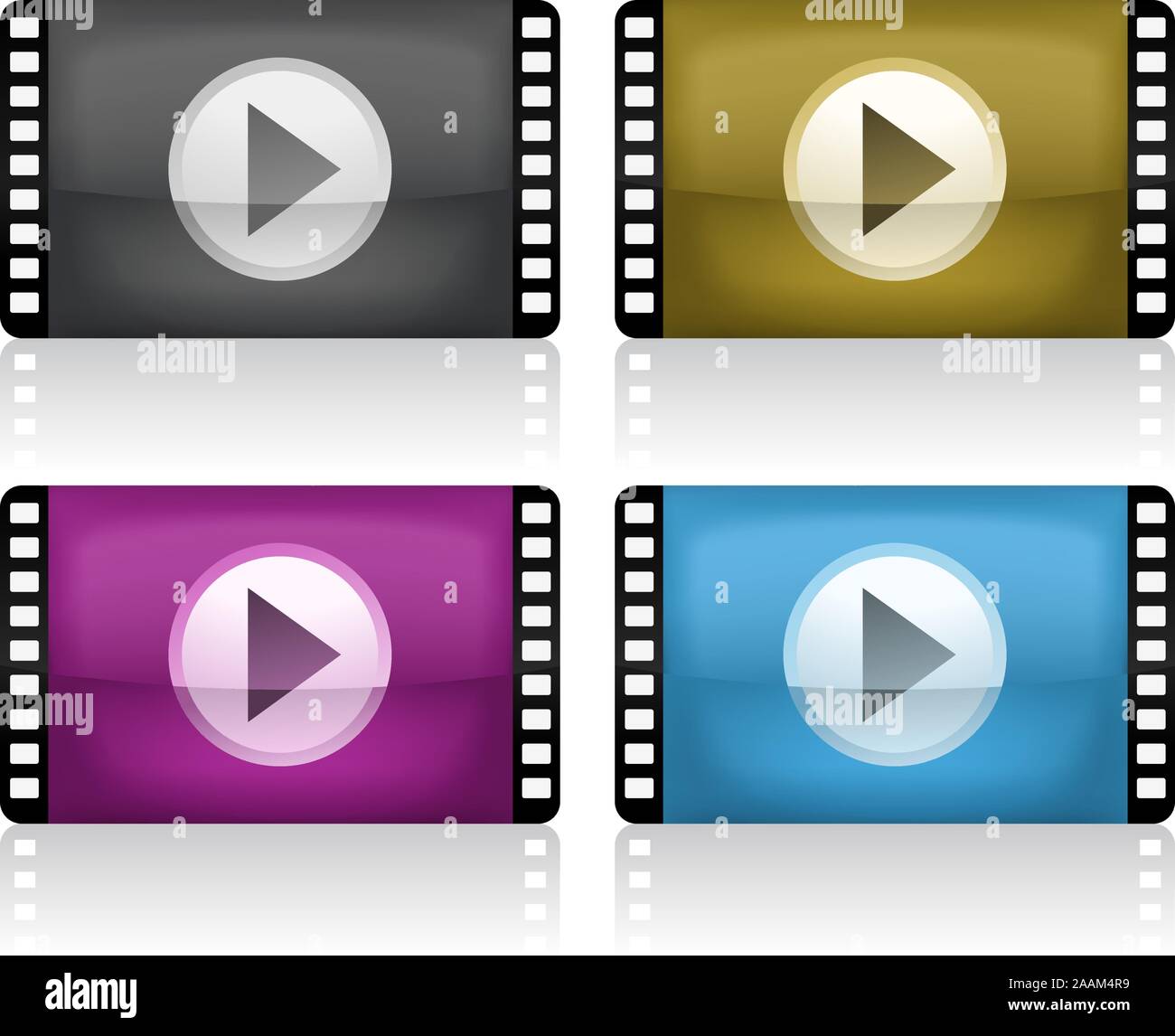 Movie Player Programm Icon Set, Vector Illustration cartoon mit 4 verschieden farbigen Typen. Stock Vektor