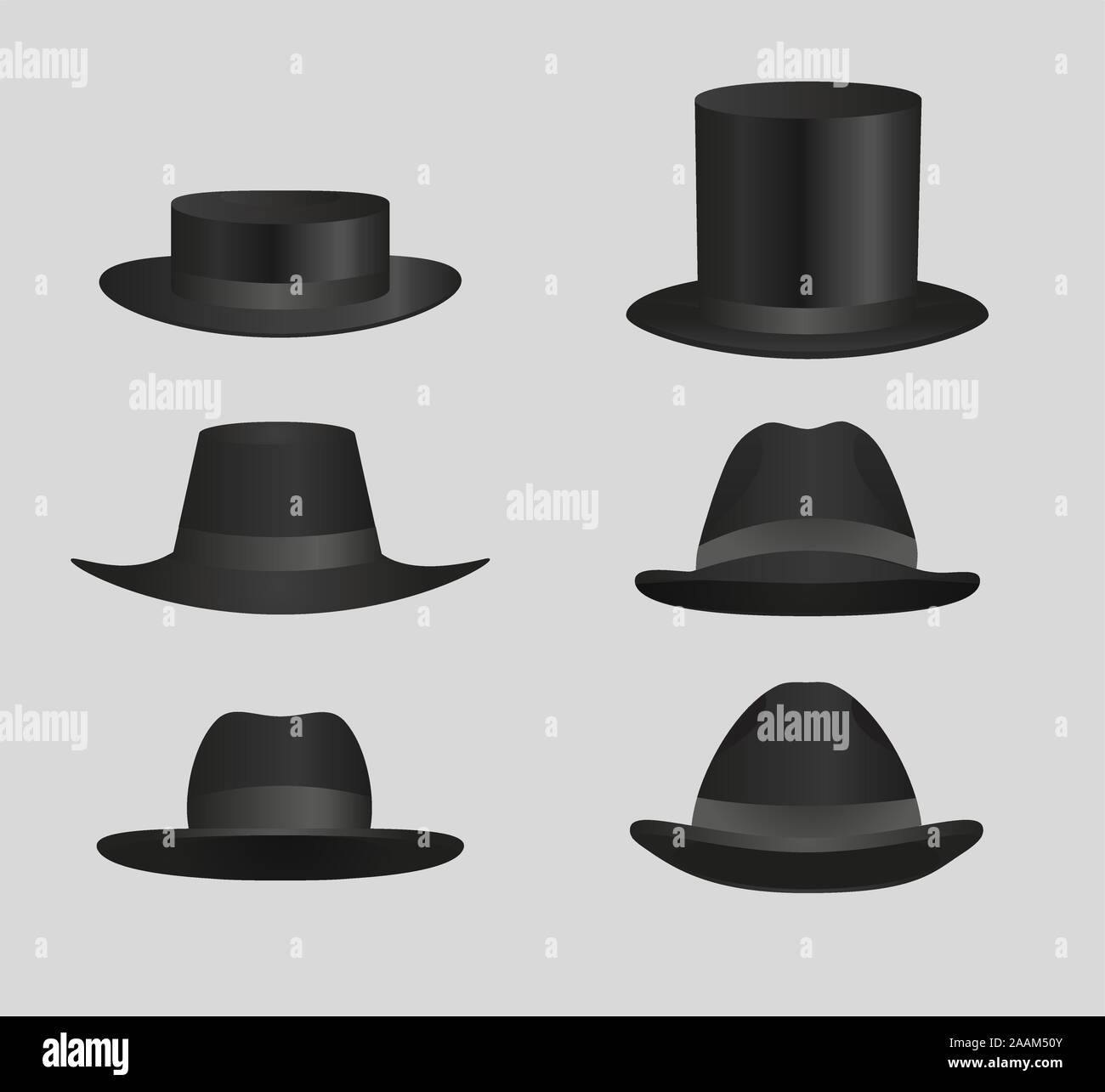 Classic Schwarz top hat Derby Hüte und capsClassic schwarzen Hut Derby Hüte und Mützen Vector Illustration. Stock Vektor