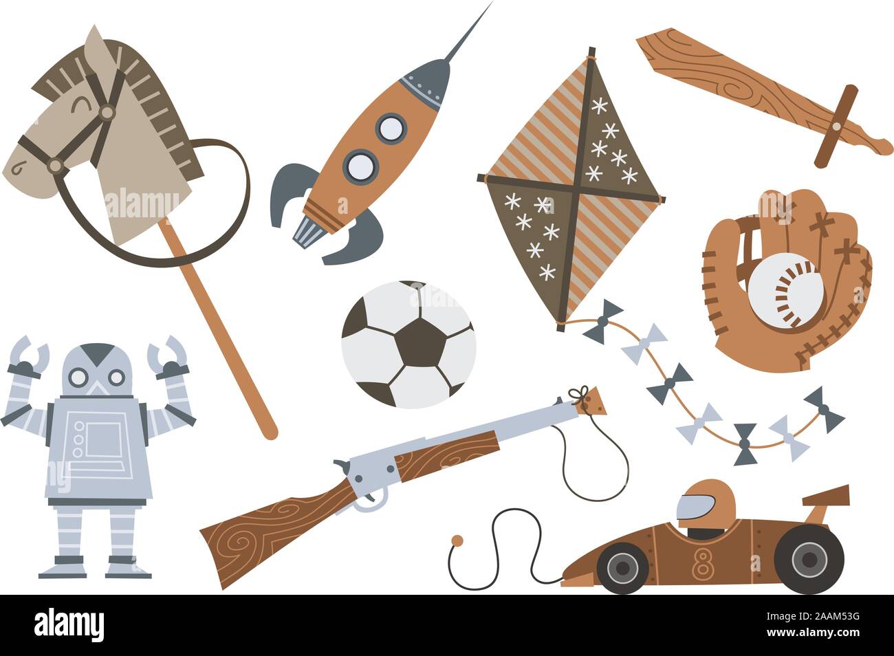 Vintage Holzspielzeug Pferd Rakete Drachen Schwert Schrotflinte Roboter Auto, Vector Illustration Cartoon. Stock Vektor