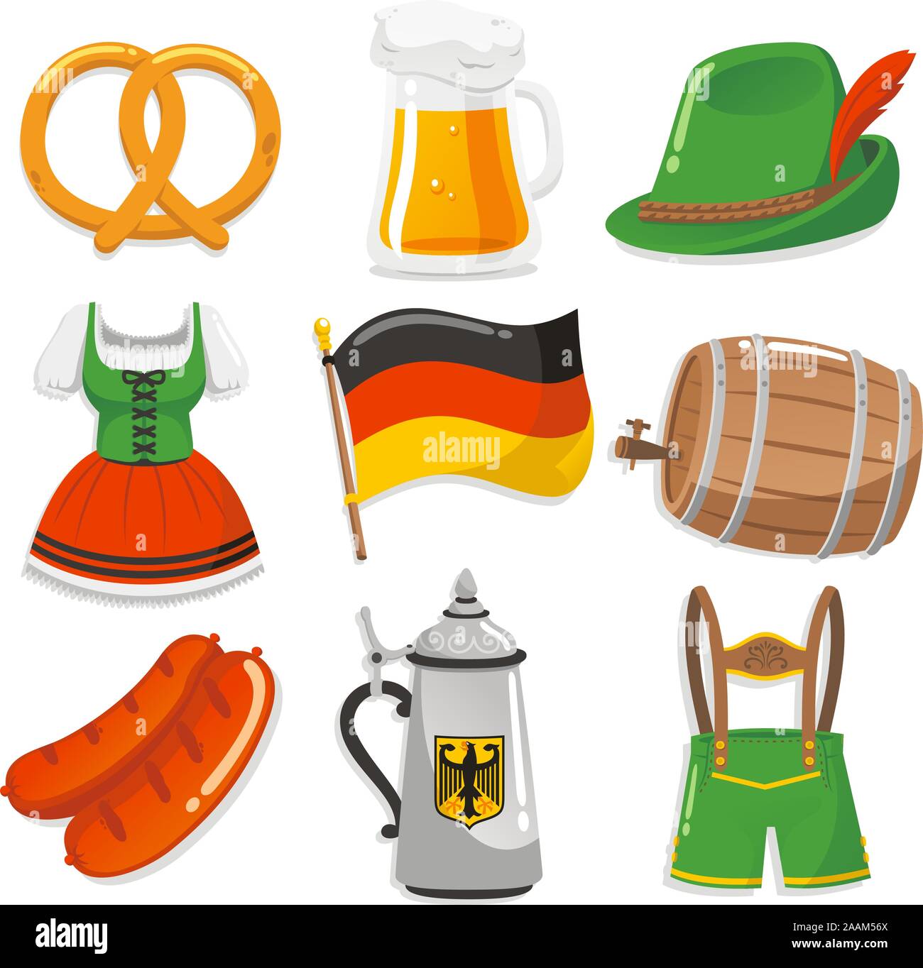 Oktoberfest Design Elemente Symbole, mit Brezel, Bier hacken, Tyrollean hut mit feder, kurze Kellnerin Kleid, Deutsche Flagge, Barrel Bier, Würstchen, Kellner Stock Vektor