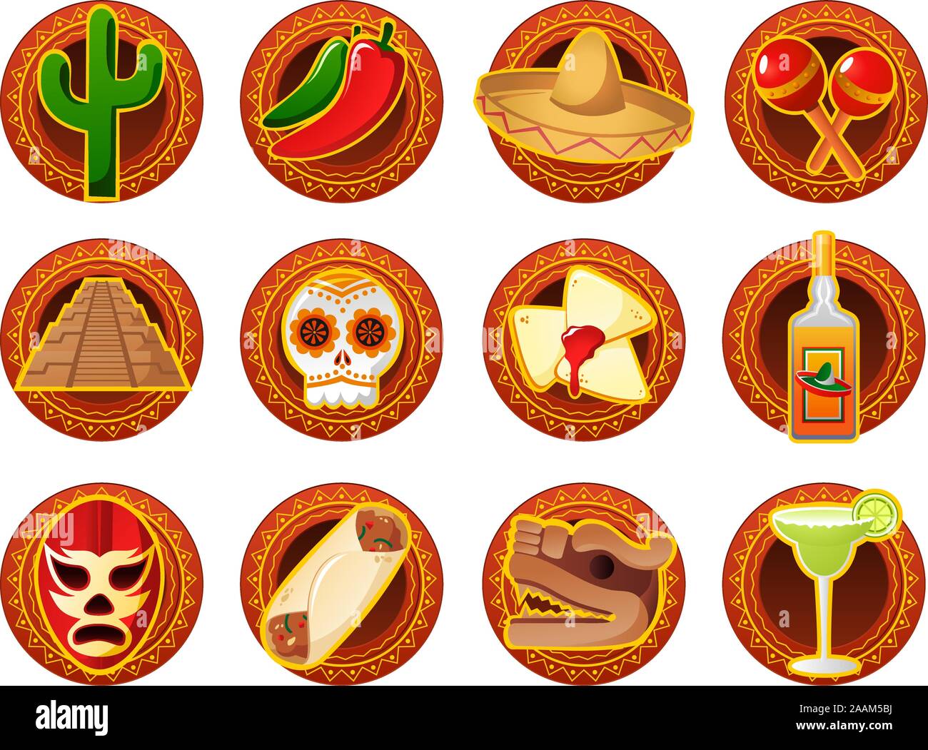 Mexikanische Icon Set, mit grünen Kaktus, Chili, Mariachi Mexican Hat, Maracas, Pyramiden, Skelett, Skull, Quesadillas, Tequila, Maske, Taco, Maya s Stock Vektor