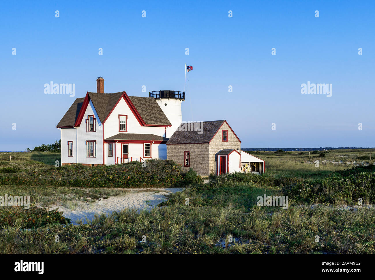 Bühne Hafen Leuchtturm, Chatham, Cape Cod, Massachusetts, USA. Stockfoto