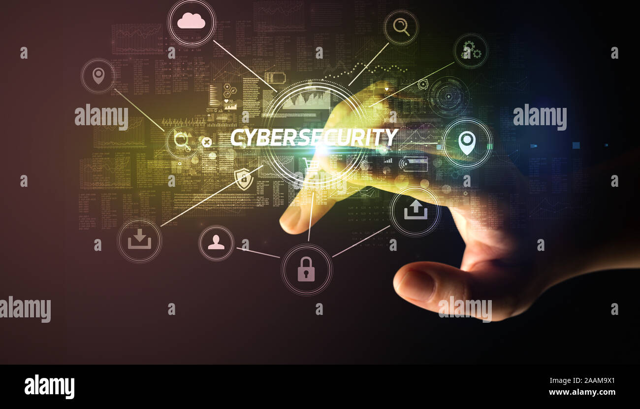 Hand berühren CYBERSECURITY Inschrift, Cybersecurity Konzept Stockfoto