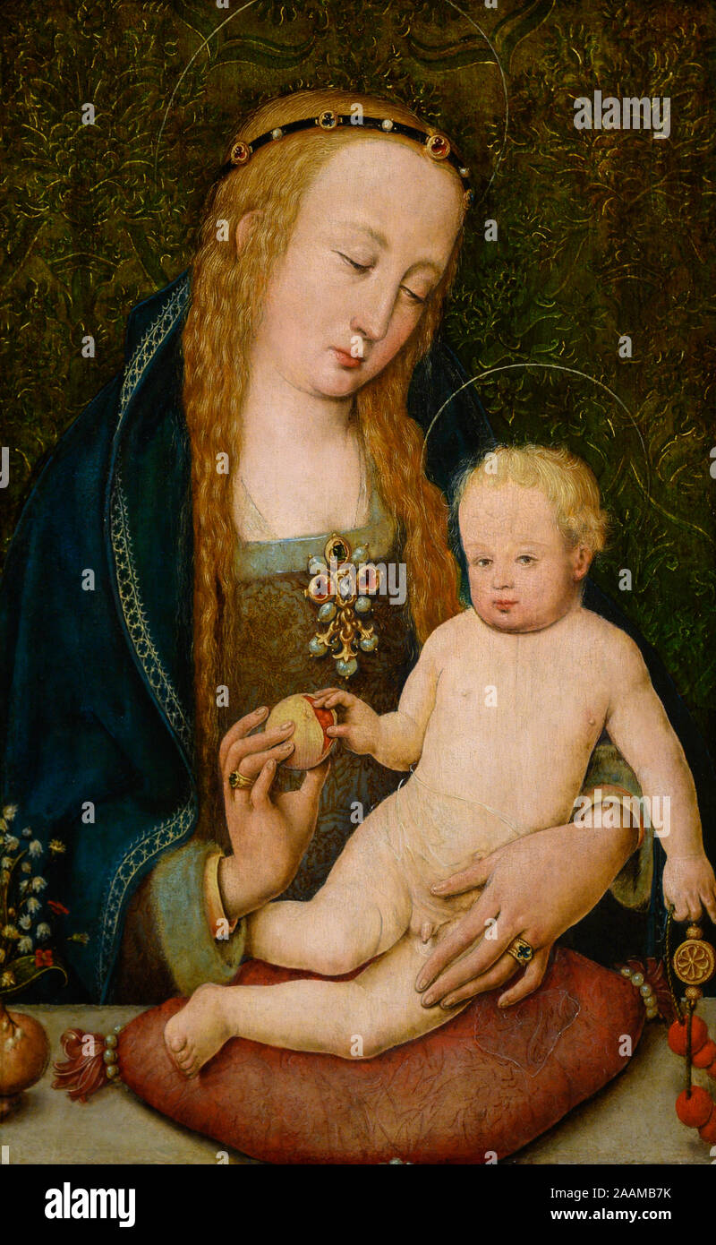"Die Jungfrau und das Kind mit einem Granatapfel (um 1510/12) von Hans Holbein der Ältere (1465-1524). Kunsthistorisches Museum in Wien. Stockfoto