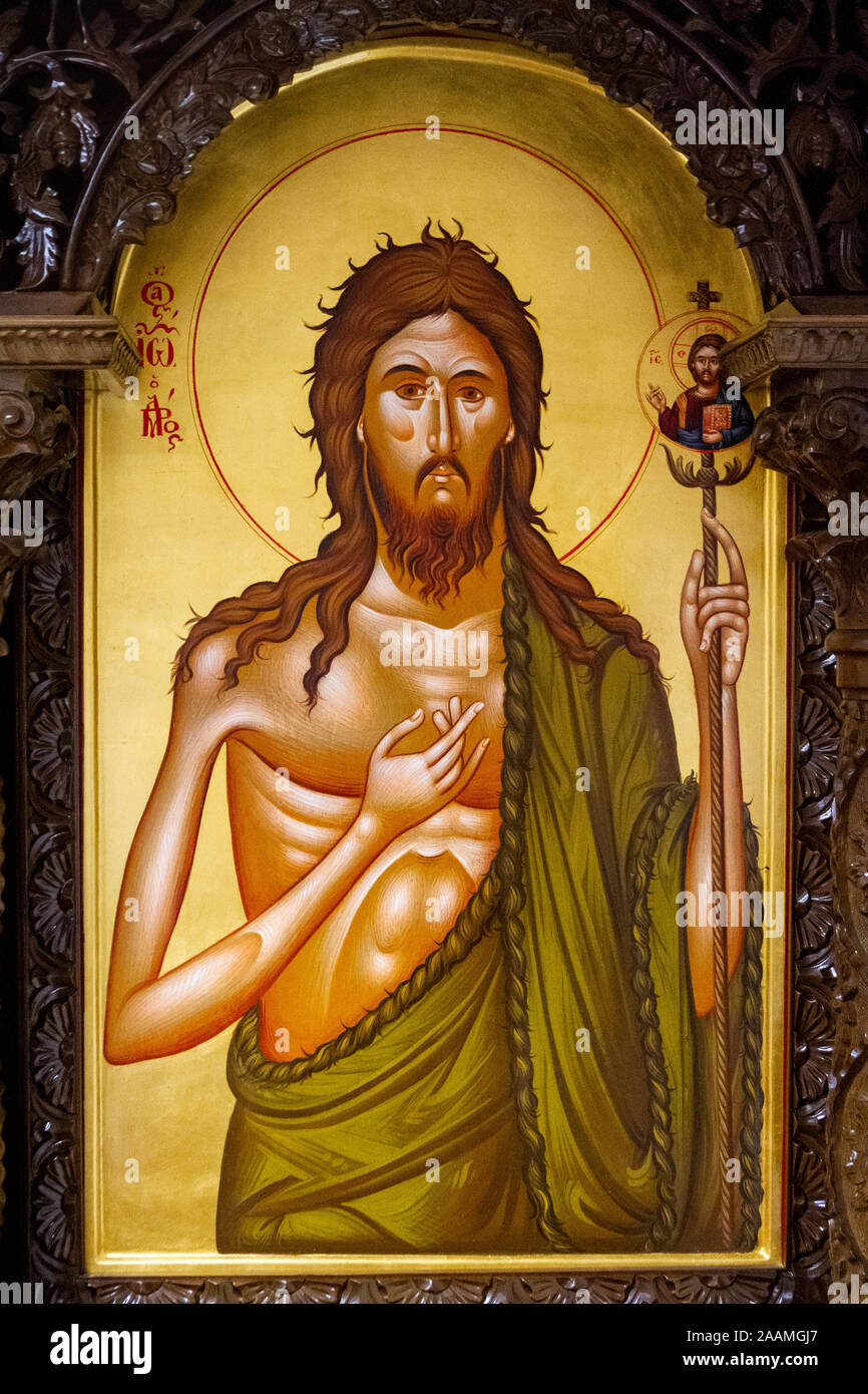 Symbol des Heiligen Johannes der Vorläufer (der Täufer, 'Engel der Wüste"). Orthodoxe Kapelle auf dem Brüsseler Flughafen Zaventem. Stockfoto