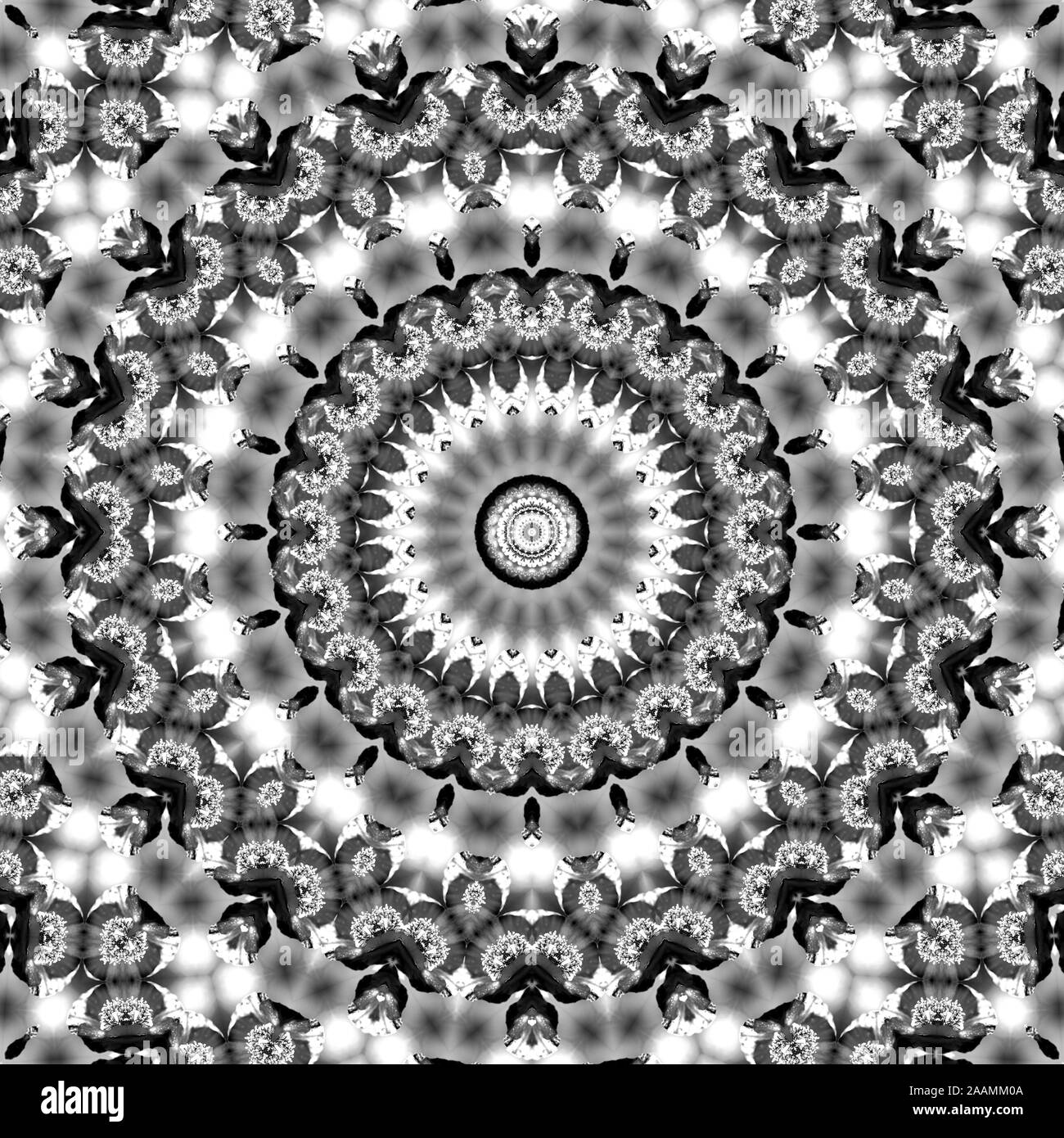 Florale kaleidoskopartige Muster. Einfarbige geometrische Verzierung. Mandala. Abstrakte schwarzen und weißen Hintergrund Stockfoto