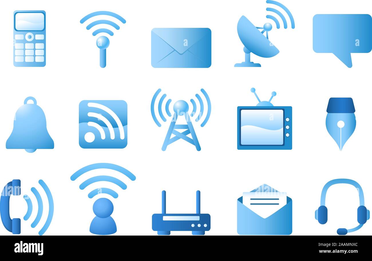 Icon-Set blau Kommunikation. Taschenrechner, Signal, Umschlag, Radar, Blase Dialog, Bell, TV, Federkiel, Telefon, Kopfhörer. Vektor-Illustration-Cartoon. Stock Vektor
