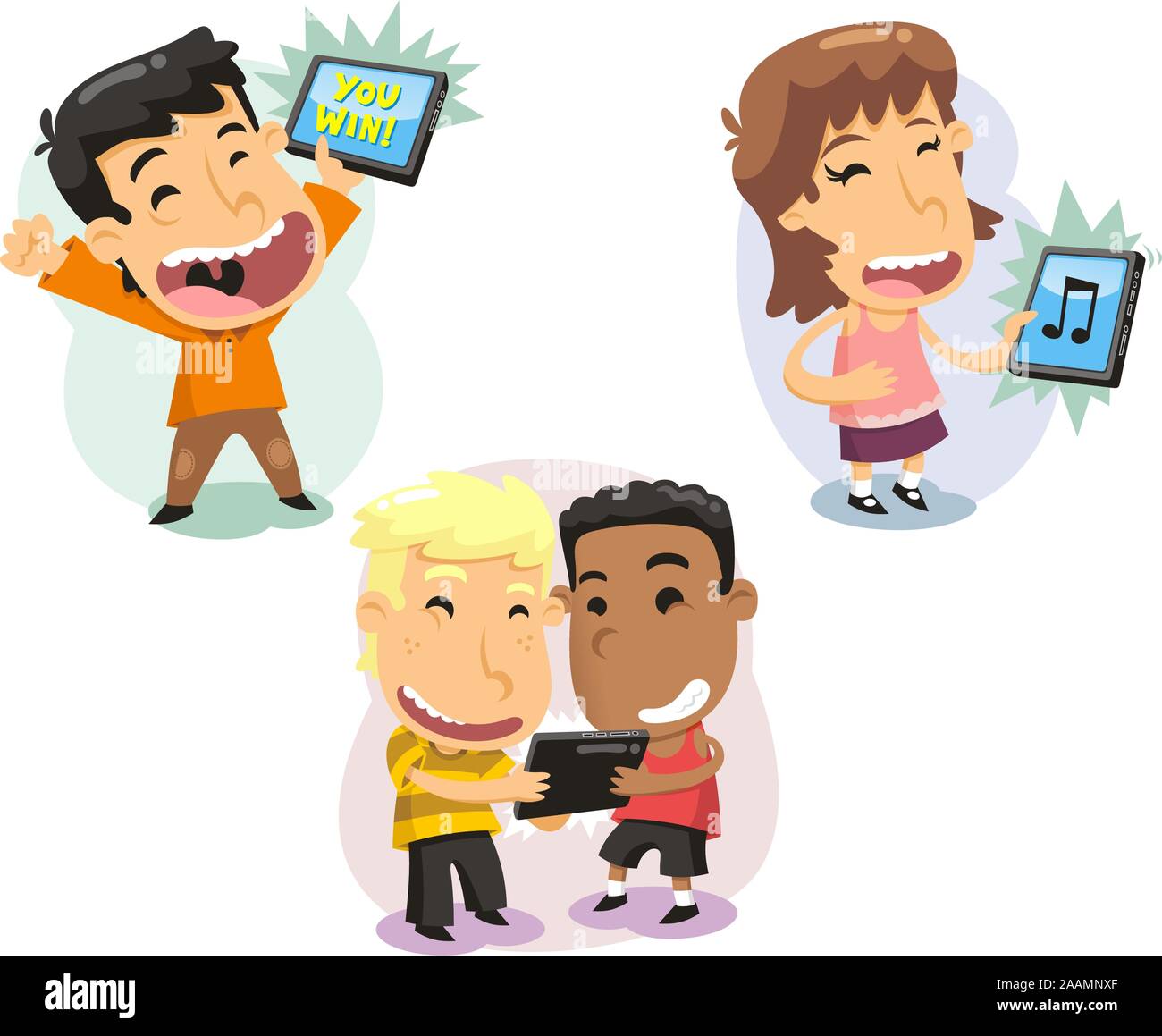 Kinder spielen mit Computer Tabletten Technologie, Vektor-Illustration-Cartoon. Stock Vektor