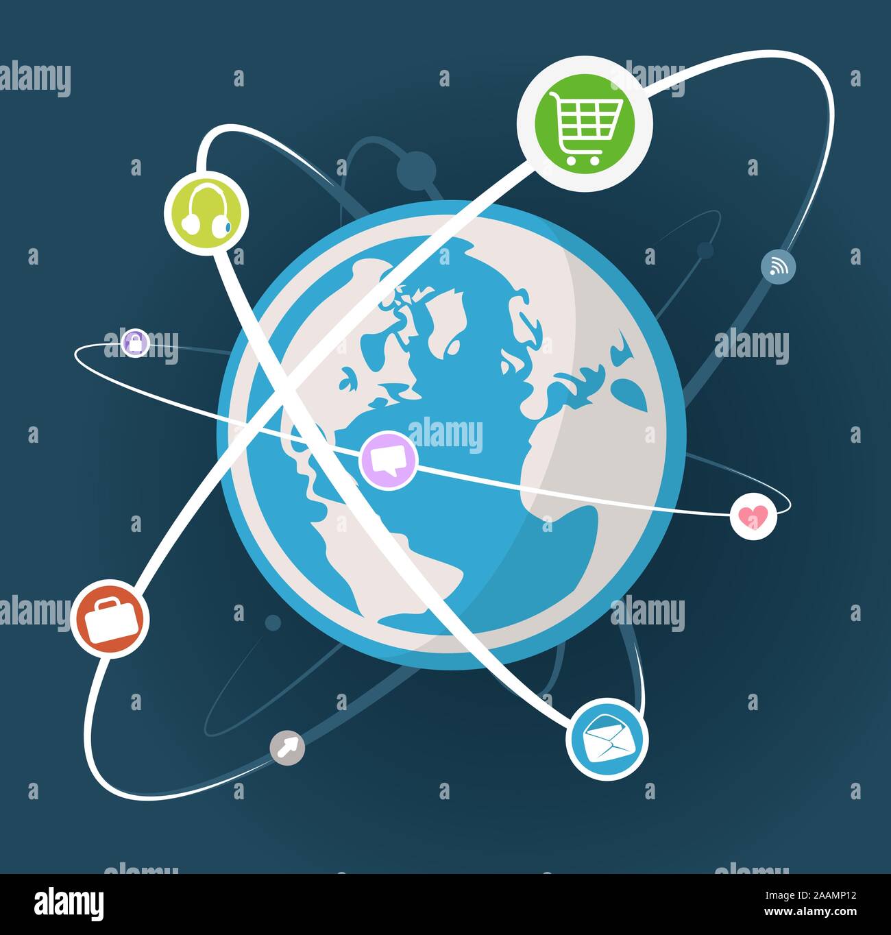 Welt mit Orbit Symbol mit Einkaufswagen, Kopfhörer, Herz, Umschlag, Koffer, Dialog-Blase und Pfeil. Vektor-Illustration-Cartoon. Stock Vektor