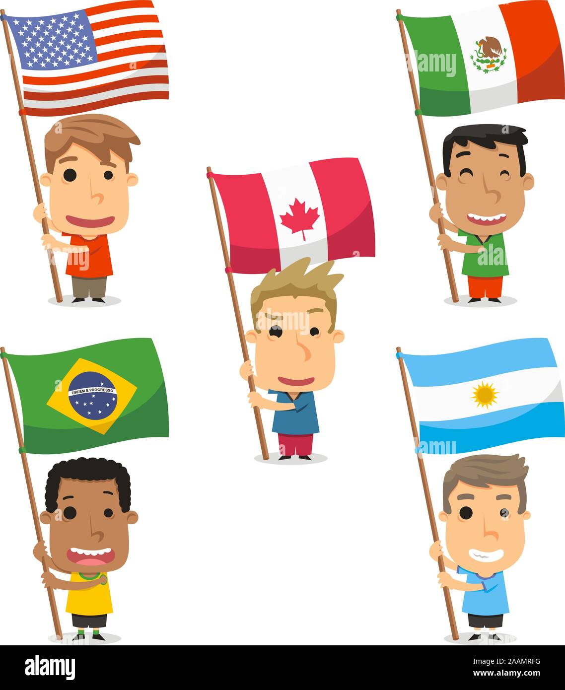 Fahnenträger Kids aus Amerika, USA, EEUU, Mexiko, Kanada, Brasilien, Argentinien. Vector Illustration Cartoon. Stock Vektor