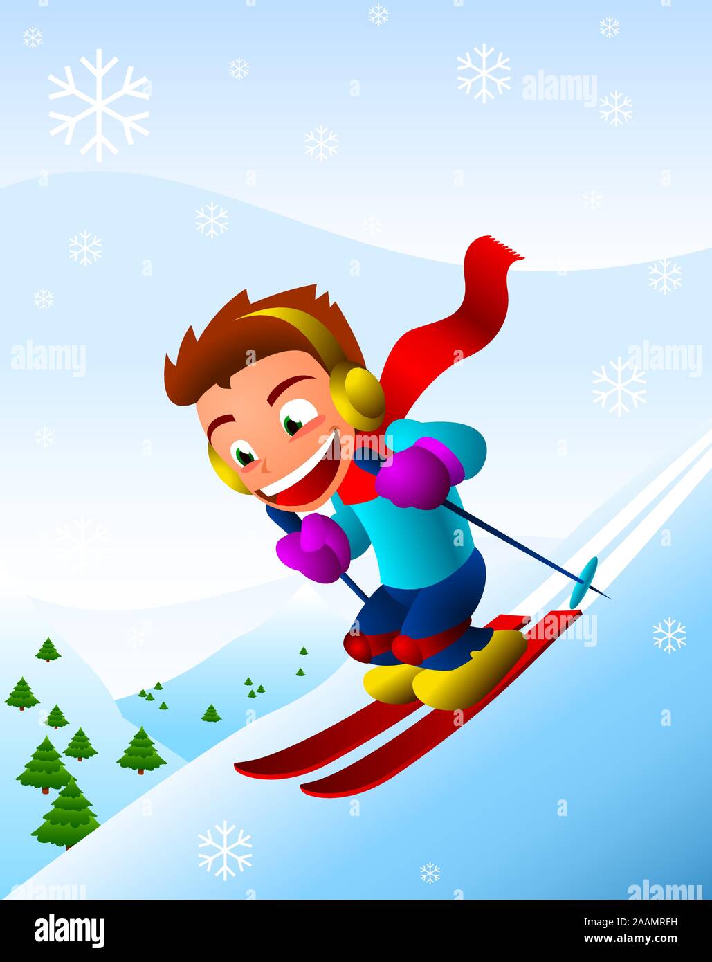 Junge Ski downhill Winter Schneeflocke Urlaub. Vector Illustration Cartoon. Stock Vektor