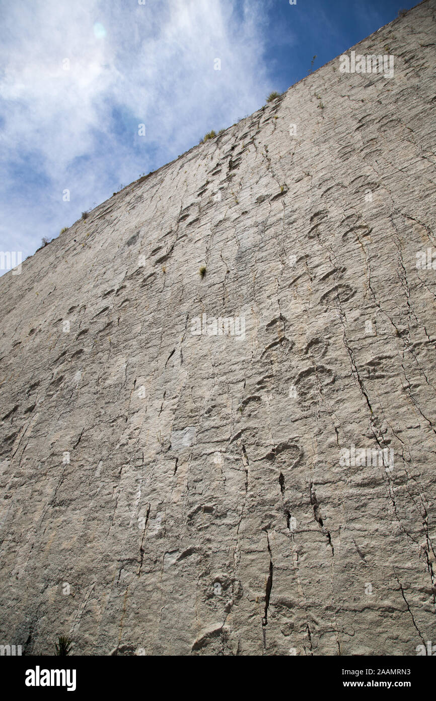 SUCRE, Bolivien - 16. Oktober 2019: Cal Orcko paläontologischen Website in Sucre. Steile Wand mit Tausenden o Dinosaurier Fuß wird gedruckt. Stockfoto